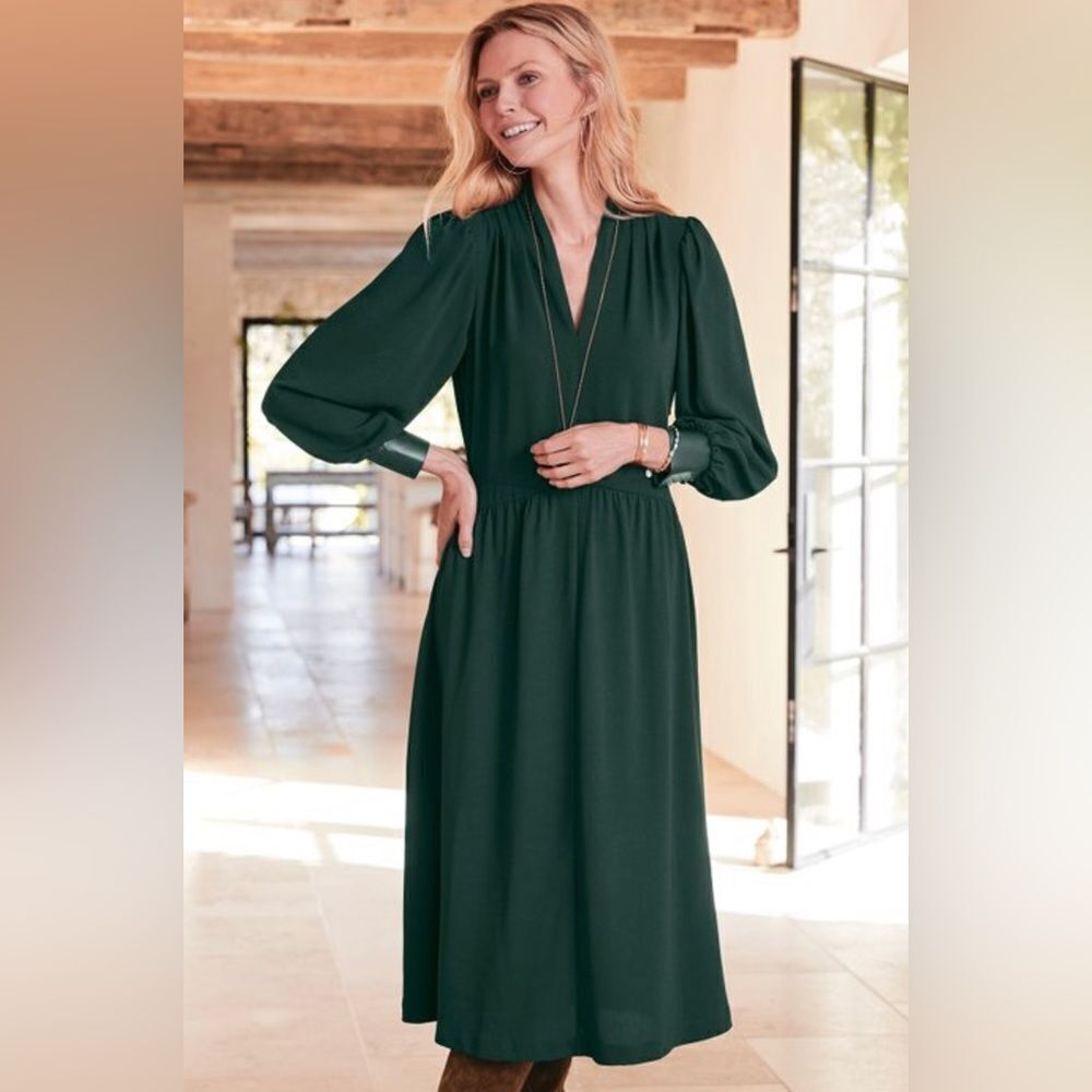 Soft Surroundings Jewel Green Katrina Long Sleeve Pleated Midi Dress Size 10